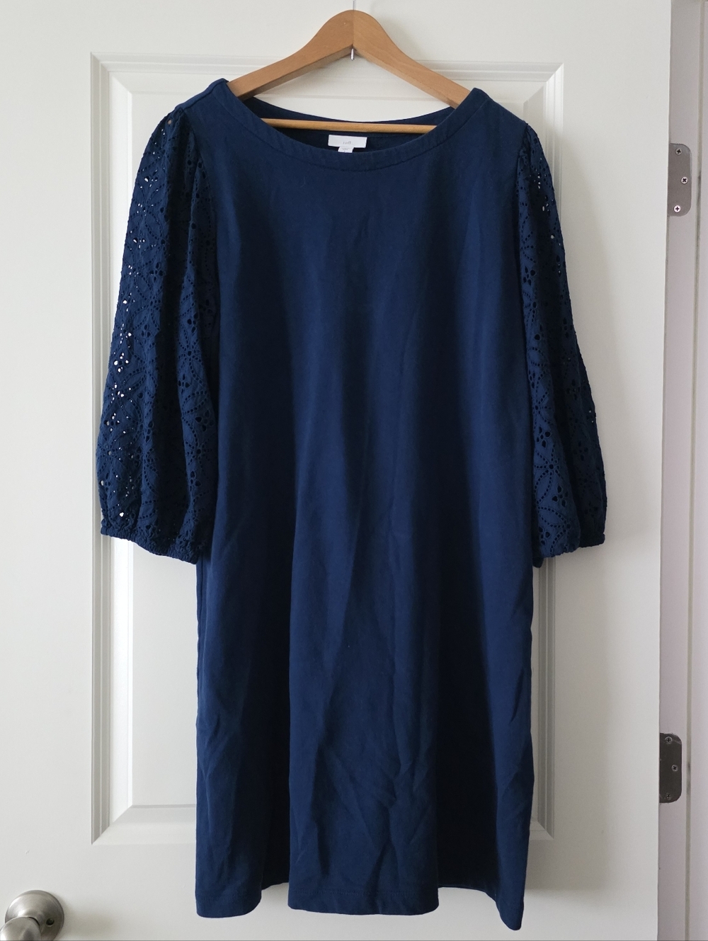 J.Jill Cotton Knit Eyelet 3/4 Sleeve Casual Preppy Dress Womens L Navy Coastal